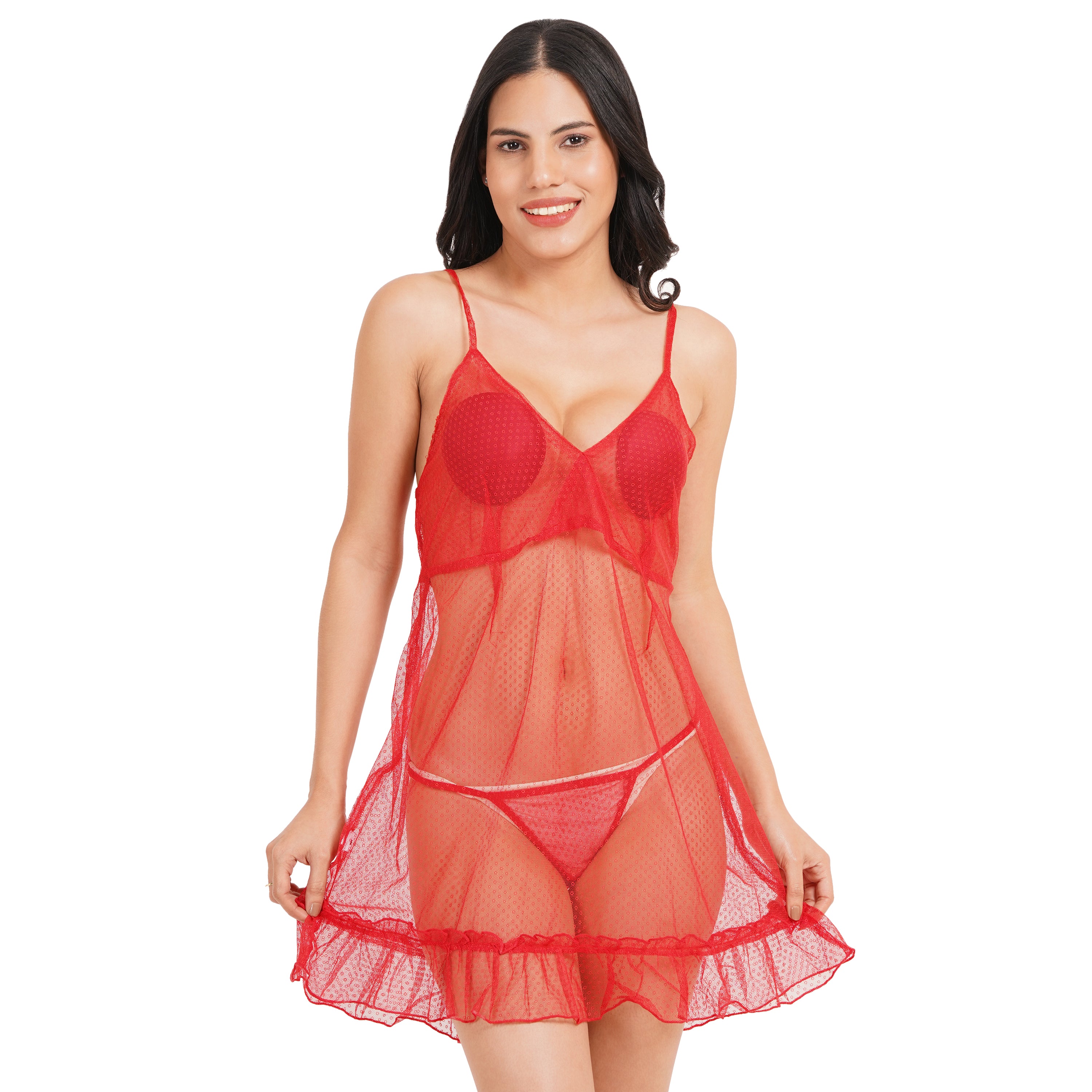 Embroidered Sheer Babydoll (Red)