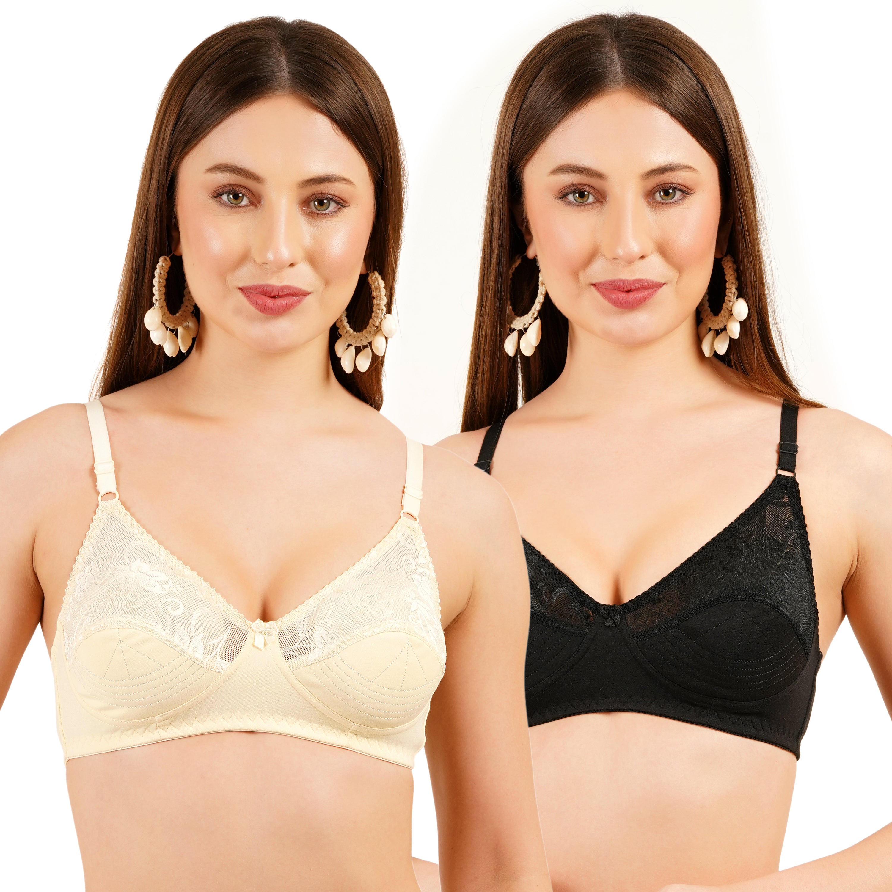 Pack Of 2 Cotton & Lace Non-Padded Non-Wired Bra